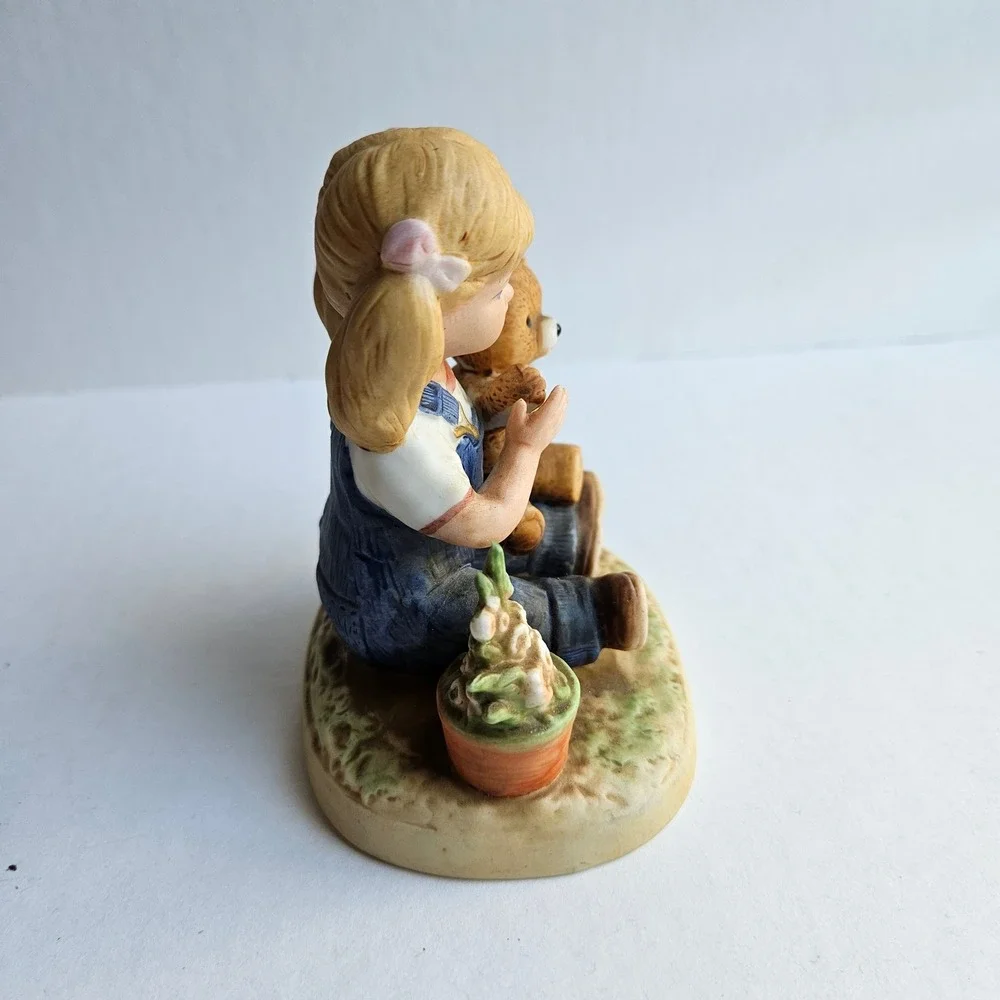 Vintage Homco Denim Days Figurine 1504 Girl with Teddy Bear and Flower Pot 1985